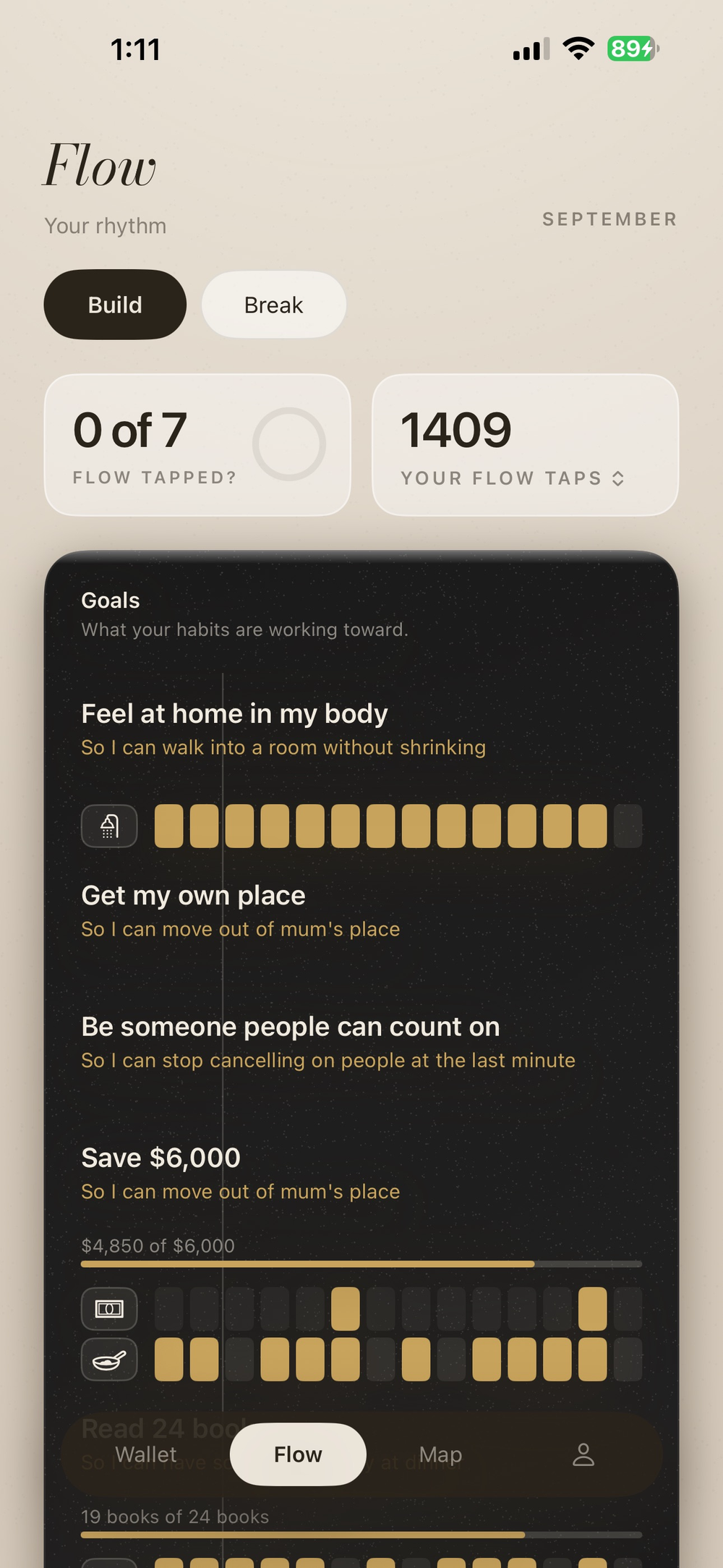 A phone held two centimetres above a Flow, from directly above