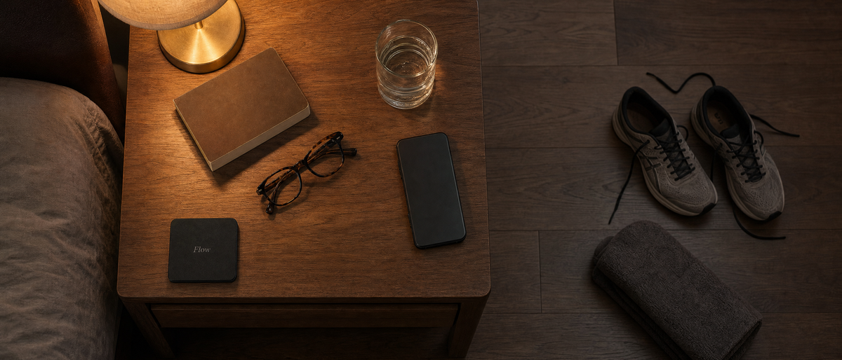 A whole bedside table at night from above: the Flow, a lamp, a paperback, glasses, a glass of water, a phone face down