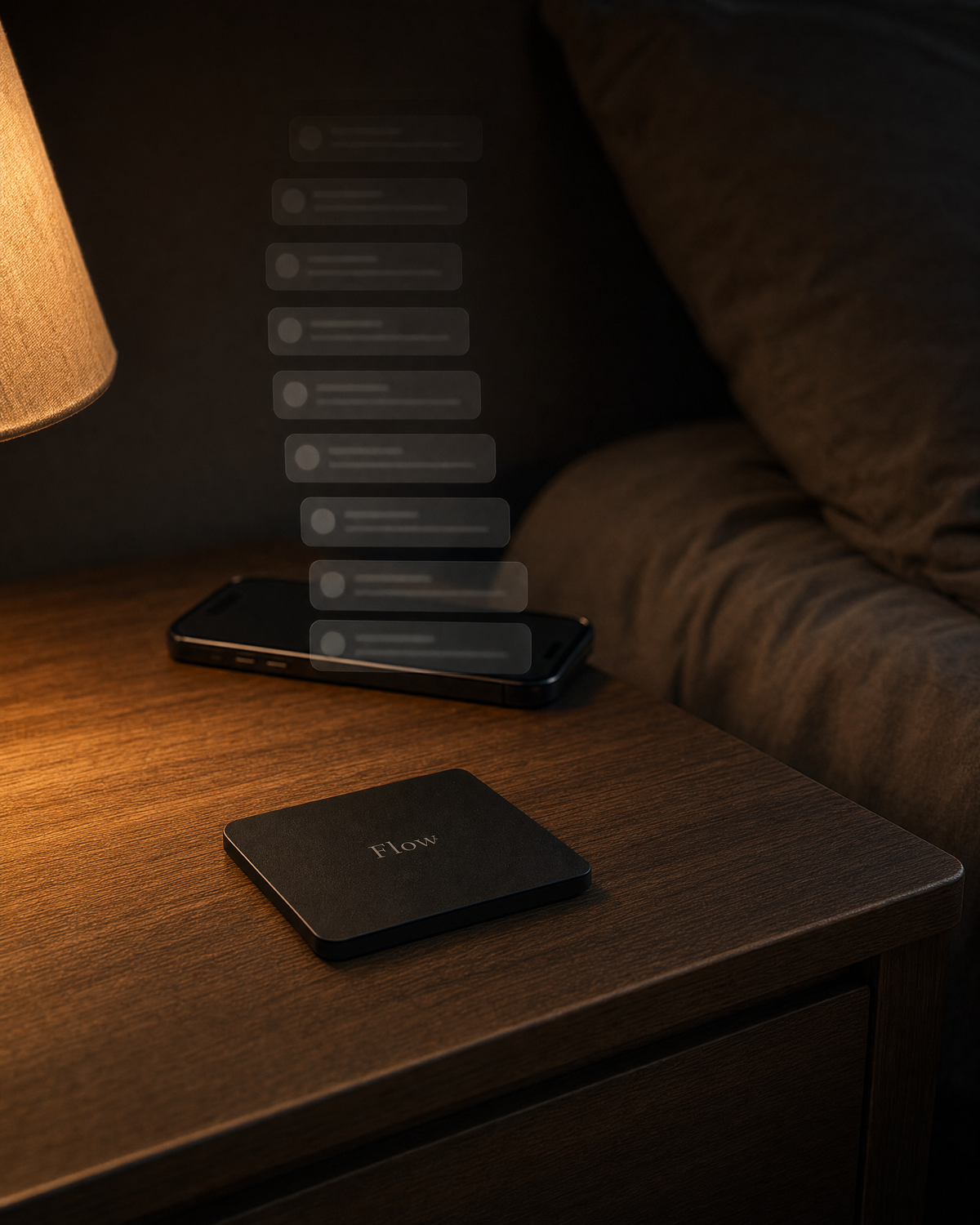 Notification banners drifting up off a phone and fading, above a bedside table where a Flow sits still