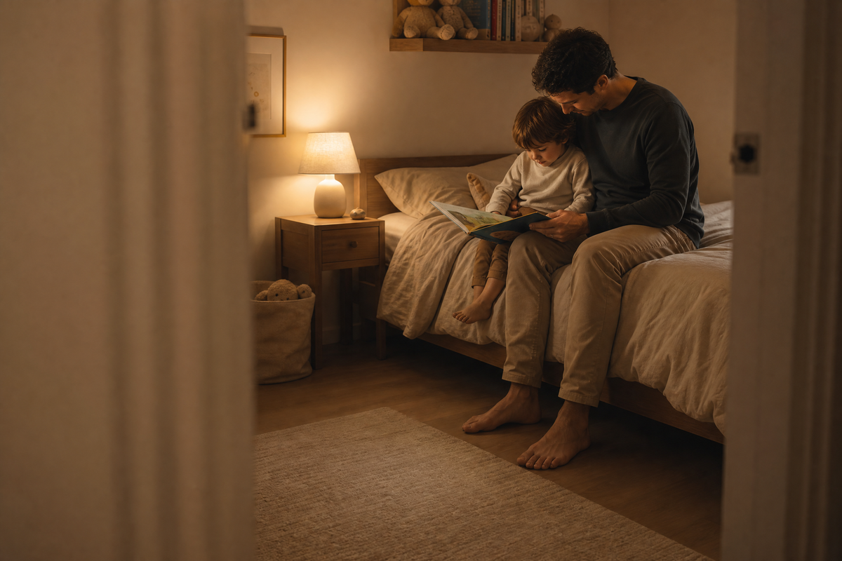 A father reading a picture book on the edge of a child's bed