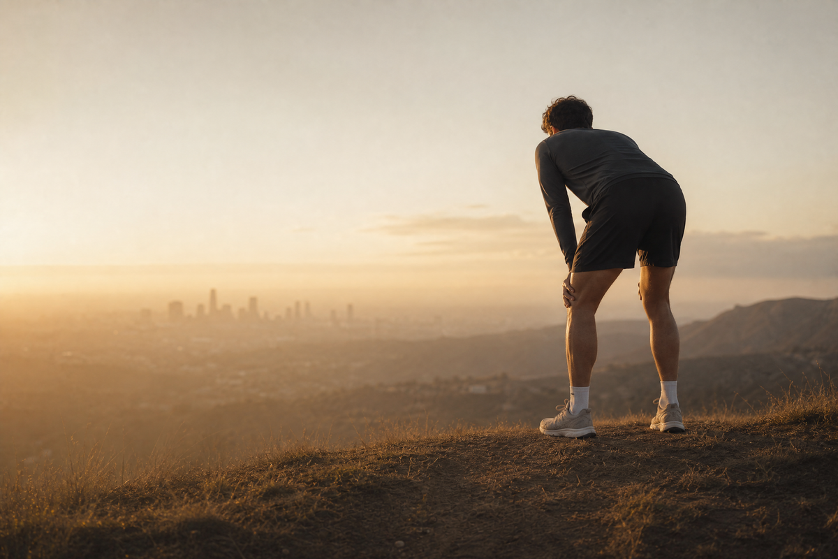 A runner stopped at the top of a hill at dawn