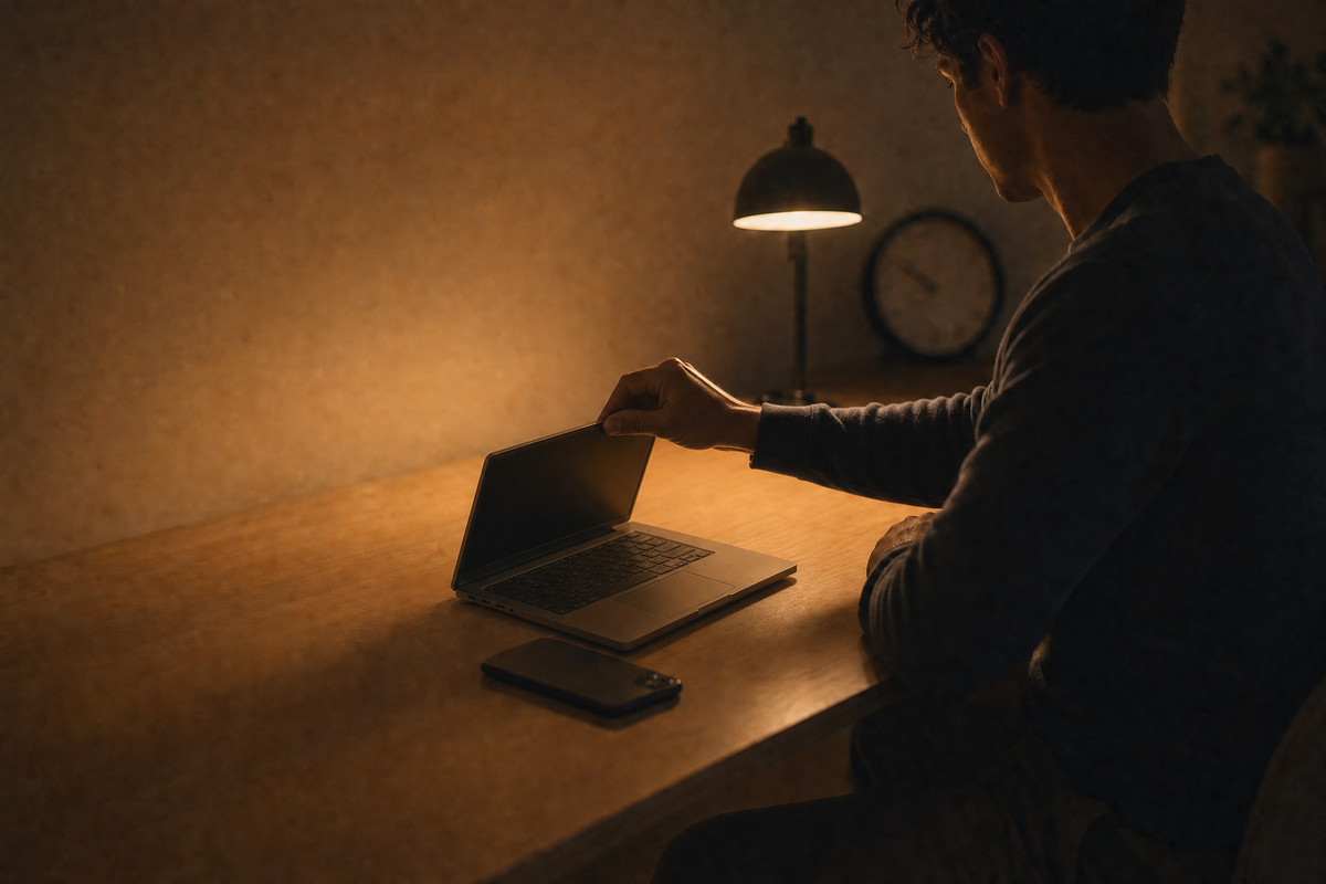 A young man closing a laptop at a desk at night