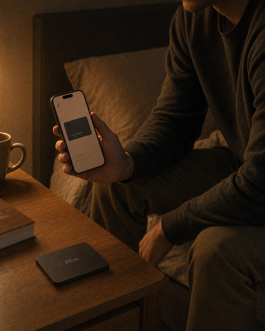 Sitting on the edge of the bed, pressing a card in the Flow app
