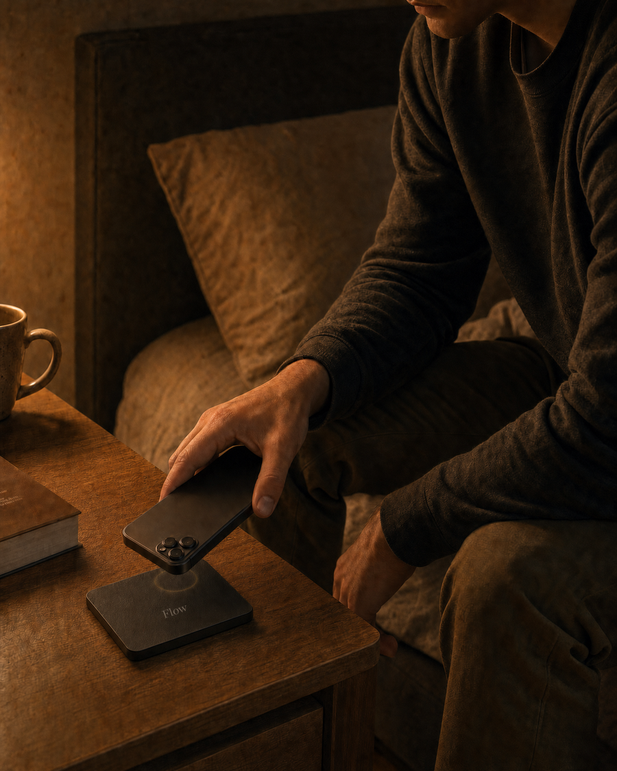 Leaning to the bedside table, the back of the phone touching the Flow